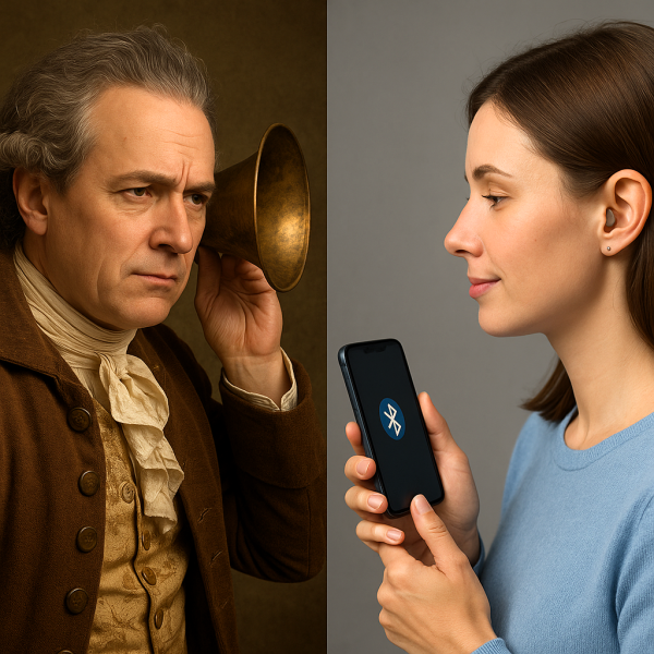 L'évolution des appareils auditifs de la corne à l'appareil moderne discret, connecté et adapté à son audition avec un audioprothésiste Sonance Audition Morestel